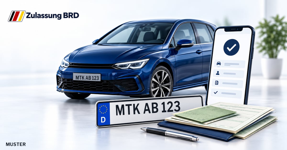 Online Fahrzeugzulassung in Hochheim am Main: Musterkennzeichen MTK AB 123, Auto und Fahrzeugpapiere und Smartphone. Illustration mit Logo von Zulassung BRD.